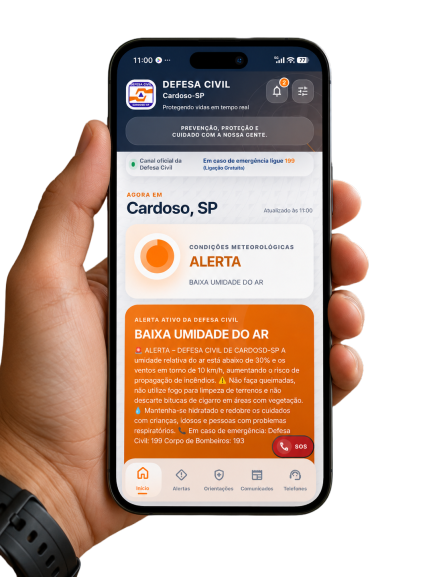 Aplicativo Defesa Civil Cardoso-SP exibido em um celular
